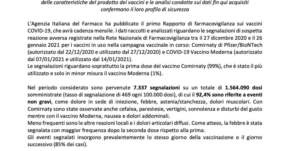 Aifa: primi dati su eventi avversi vaccini covid-19